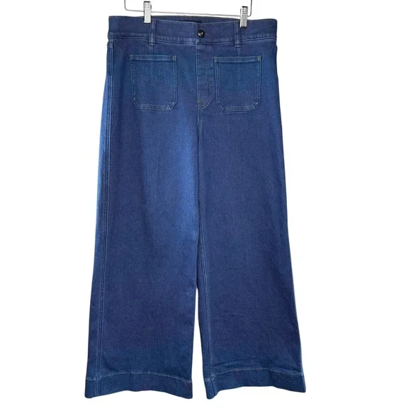 SPANX shape EveryWearCropped Wide Leg Jeans Size L Patch Pockets Washed Blue - Picture 1 of 7